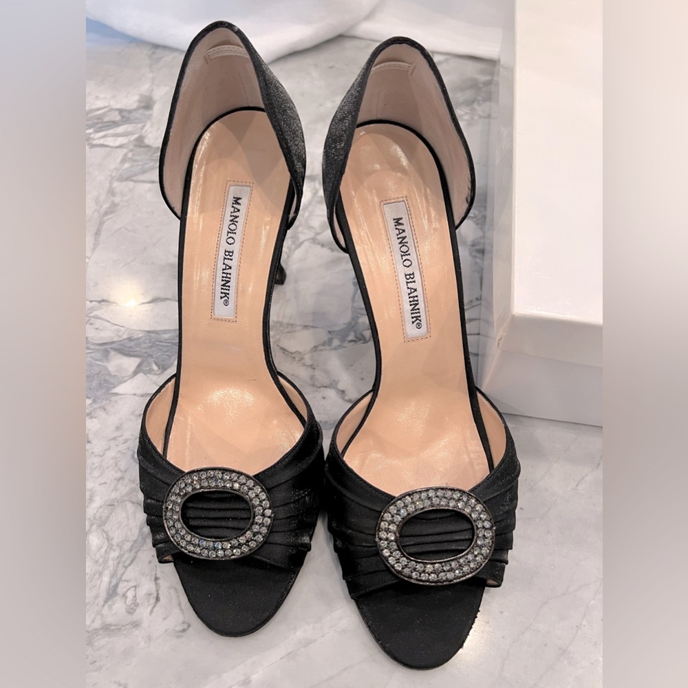 Manolo Blahnik Sedaraby Lucente Black open toe heels.
